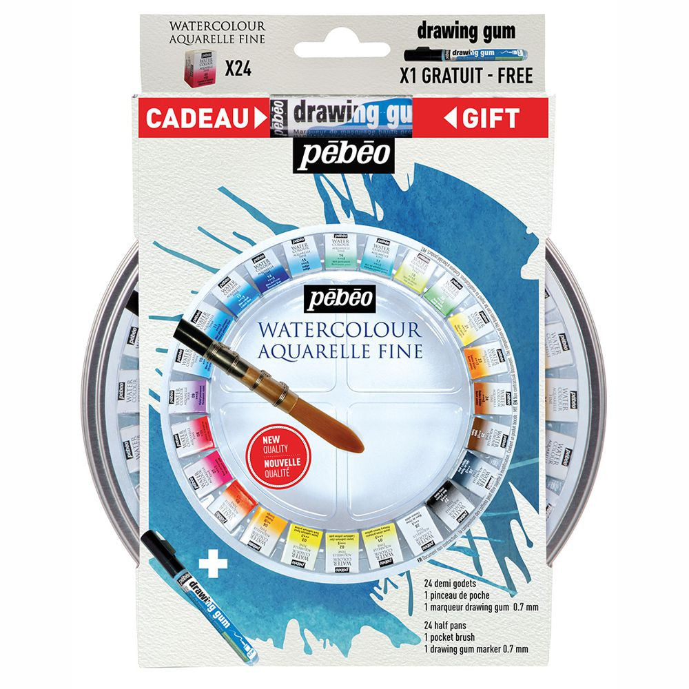 Tinta Aquarela em Pastilha Profissional Pébéo 24 Cores + Pincel e Drawing Gum